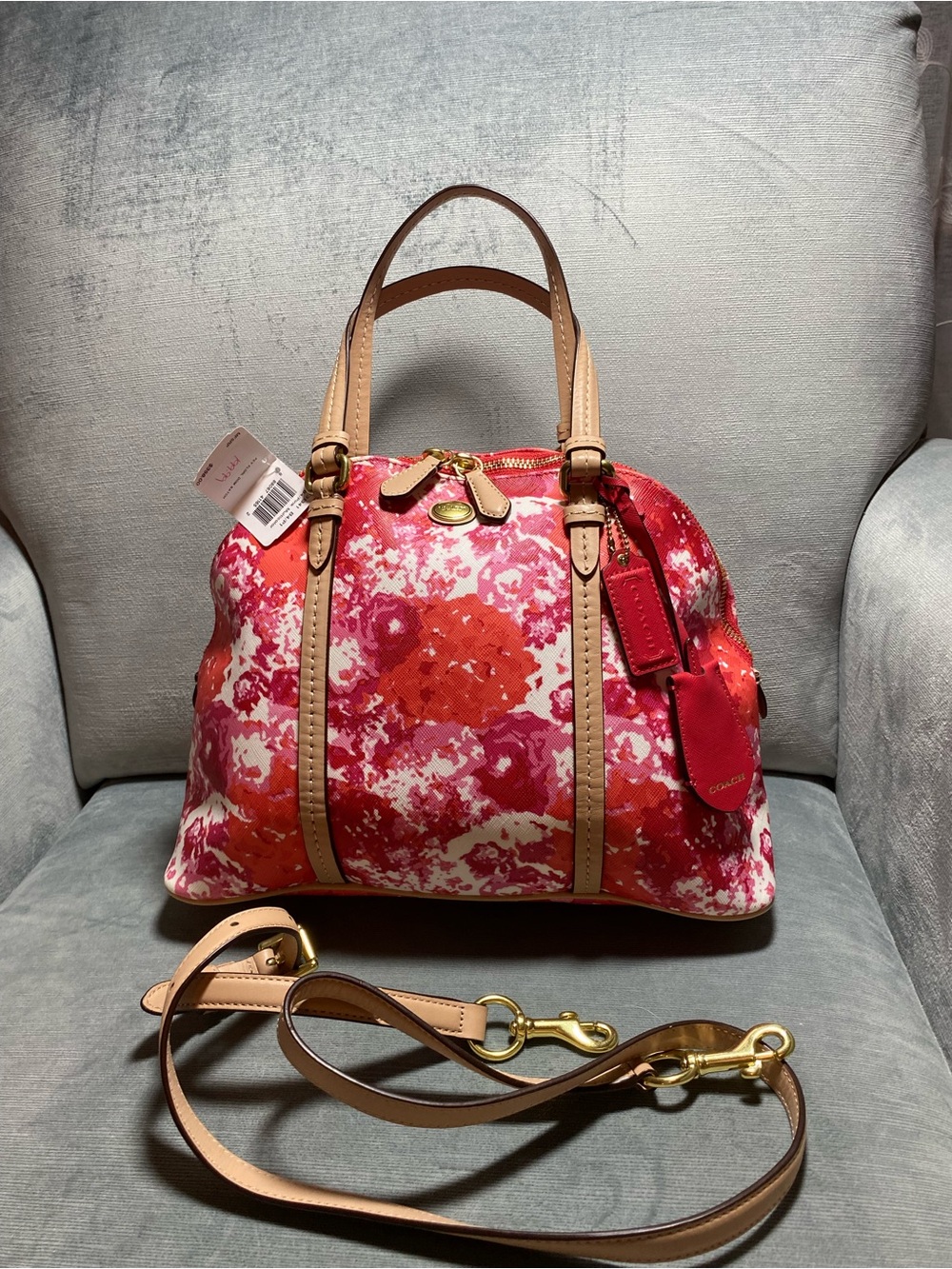 Coach Peyton Floral Coral Dome Satchel in Pink & Red with Tan Trim NWT